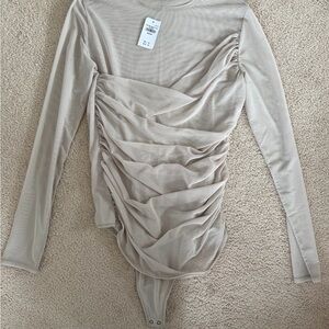 Abercrombie Sheer Beige Ruched Long Sleeve Top